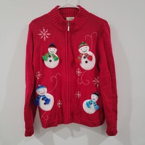Vintage Womens Ugly Christmas Sweater Size Small Petite Zip Up Snowman Beaded